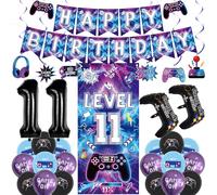 Vlipoeasn Purple Blue 11th Birthday Decorations for Boys, Video Game Level 11 Banner Backdrop Hanging Swirls for 11th Birthday Party, Gamer 11 Years Old Party Supplies
