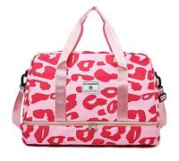 Vllcsla Gym Bag Women 42.43 L Large Capacity, with Wet Pocket & Shoes Compartment, Travel Duffel Weekender Womens, Carry on Overnight Totes Waterproof, Lightweight, Leopard Print, Pink