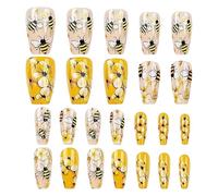 Vllold Press on Nails,Reusable Glue on Nails - Set of 24 Bee and Flower Fake Fingernails for Dating Travel, Manicure Art Accessories