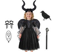 Vllold Queen Dress - Halloween Gothic Black Dress - Wings Headpiece Crow Wristband Necklace Set Ages 2-10 for Themed Party Cosplay Prom Wedding Graduation Birthday
