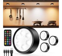 Vloee Rechargeable RGB Puck Lights with Remote, 2400mAh Battery Operated Tap Push Light Stick On for Closet Wireless LED Under Cabinet Kitchen Lights Magnetic Colored Touch Light for Classroom Display