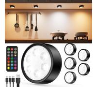 Vloee USB Rechargeable Color Changing Puck Lights, Black 2400mAh Battery Operated RGB Tap Lights with Remote Under Cabinet Lights Wireless LED Display Shelf Light RGB Magnetic Push Lights Stick On