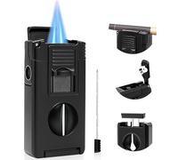 VloEssic 5-in-1 Dual Jet Flame Butane Torch Lighter Built-in V Cutter, Punch, Holder, Draw Enhancer Tool, Windproof Refillable Butane Lighter Gift for Men, Cool Lighters for Candle, Outdoor (No Gas)