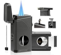 VloEssic 6-in-1 Triple Jet Butane Torch Lighter Built-in V & Straight Cutter, Punch, Holder, Draw Enhancer, Refillable Lighters and Windproof Gas Lighter for Candles, Cool Lighter for Men (No Gas)
