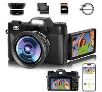 Vlogging Camera, 4K 48MP Digital Camera for Photography, 16X Digital Zoom, Vlogging Camera for YouTube with180 Degree Flip Screen, Wide Angle Lens, 2 Batteries and 64GB Micro SD Card (Black)