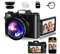 Vlogging Camera, 4K 48MP Digital Camera for Photography, 16X Digital Zoom, Vlogging Camera for YouTube with180 Degree Flip Screen, Wide Angle Lens, 2 Batteries and 64GB Micro SD Card (Black)