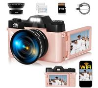 Vlogging Camera, 4K 48MP Digital Camera for Photography, 16X Digital Zoom, Vlogging Camera for YouTube with180 Degree Flip Screen, Wide Angle Lens, 2 Batteries and 64GB Micro SD Card (Pink)