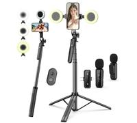 Vlogging Kit for iPhone/Android, 71" Selfie Stick Tripod for iPhone with Fill Light, Wireless Microphone & Remote, 360° Rotation Phone Tripod for TikTok/YouTube Content Creator Essentials Starter Kit
