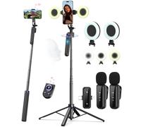 Vlogging Kit for iPhone with 63" Auto Face Phone Tripod, Wireless Microphone, LED Fill Lights, Scrolling Remote Control for TikTok