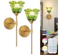 Vloitgol Vintage Battery Operated Wall Lights with Green Glass Lampshade Wireless Rechargeable Battery Powered RGB Wall Light with Remote Control for Indoor Bedside Bedroom Hallway LivingRoom, 2-Pack