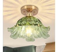 Vloitgol Vintage Ceiling Light with Green Glass Lampshade, E27 25 cm, Semi-Flush Green Ceiling Lamp, Vintage Flowers Glass for Bedroom, Hallway, Kitchen, Dining Room, Living Room (Bulb Not Included)