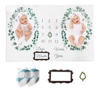 Vlokup Twins Baby Milestone Blanket for Boys & Girls, Premium Flannel Photography Background Prop Blankets, Neutral Boho Green Leaf Wreath…