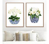 VLOLIFE White Orchid & Magnolia Watercolor Chinoiserie Decor Canvas Print Oriental Vase Blue White Willow Style Porcelain Flower Jar No Frame, 16X24inchX2 Unframed