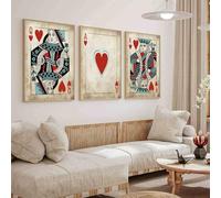 Vlolvfe Retro Playing Card Artwork - 3 Pcs Canvas Wall Art - Queen And King Playing Cards - Red Heart Playing Card Wall Art - Living Room Decor - 16x24inchx3 No Frame