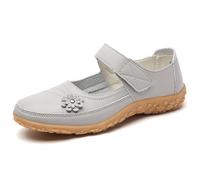 VLOOKST Womens Leather Mary Janes Ladies Fit Flat Shoes Comfort Casual Work Office Nursing Sandals Grey