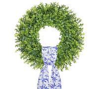 Vlorart 22 Inch Large Boxwood Wreath for Front Door, Artificial Summer Wreath with Sash for Window Wall Farmhouse Wedding, Green Wreaths for Year Round Indoor & Outdoor