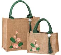 VLQTEUPRD Vintage Jute Tote Bag, Jute Shopping Bag for Crafts, Canvas Tote Bag, Waterproof Jute Bag, Portable, Reusable, for Shopping, Picnics, Gifts-2PCS||Small + Large