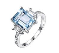 VLQXKDPOI Ring,Aquamarine 925 Sterling Silver Emerald Cut 7x9mm Sky Blue and White Moissanite Engagement Rings Gifts for Women