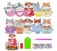 VLUNT 10 PCS Cat & Dog Shaped Diamond Art Coasters Kit, Acrylic Diamond Art Coasters, Drink Mats with Cork Backing & Storage Stand, DIY Gift for Adults & Craft Lovers