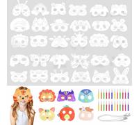 VLUVLA 32PCS Animal Masks for Kids, DIY Colouring Craft Kit with 32 Blank Masks, 24 Watercolor Pens, 32 Elastic Cords & 4 Sample Sheets, Jungle Safari Party Activity Set