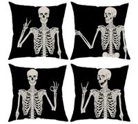 VLYX 4 Pack Gothic Skeleton Bones Cushion Covers 18x18 Inch - Halloween Throw Pillow Cases for Sofa, Living Room, Bedroom Décor