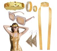 VLYX 70s Accessories for Women - 6-Piece Retro Disco Costume Set with Square Frame Sunglasses, Earrings, Sequined Scarf, Headband, Bracelet & Sparkling Diamond Ring -Gold