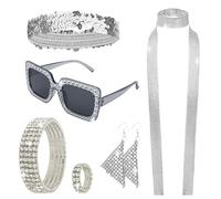VLYX 70s Accessories for Women - 6-Piece Retro Disco Costume Set with Square Frame Sunglasses, Earrings, Sequined Scarf, Headband, Bracelet & Sparkling Diamond Ring -Silver