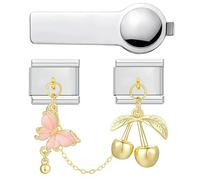 VLYX Personalized Double Pendant Style Charm - 9mm Stainless Steel Italian Link Bracelet Accessory with Installation Tool (Butterfly & Cherry)