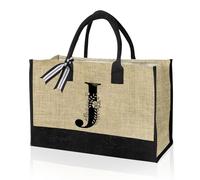 VLYX Personalized Initial Canvas Tote Bag, Beach Bag Gift Bag Suitable for Birthday, Wedding, Beach, Holiday, Great Birthday Gifts for Women, Mom, Teachers, Nurses, Best Friends, Bridesmaids- J