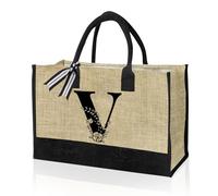 VLYX Personalized Initial Canvas Tote Bag, Beach Bag Gift Bag Suitable for Birthday, Wedding, Beach, Holiday, Great Birthday Gifts for Women, Mom, Teachers, Nurses, Best Friends, Bridesmaids- V
