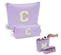 VLYX Personalized Make Up Bag - Large Capacity Cosmetic Bags for Women A-Z Initials, 2 Pack - Portable Toiletry Bag, Birthday Gifts Idea (Purple-C)