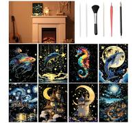 VLYX Scratch Art for Adults and Kids - 8-Piece Luminous Rainbow Scratch Notes Kit with Scratching Tools, Creative Art Supplies Children & Adults（Ocean & Night Sky）