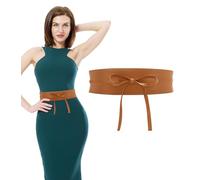 VLYX Women's Obi Style Wide Belt - Soft Faux Leather Wrap-Around Cinch Waistband with Bowknot | Retro Vintage Boho Belt for Dresses, Sweaters, Coats (Camel)