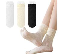 VLYX Women's Split Toe Socks 3 Pairs - Cotton Tabi Flip Flop Socks with Lace Ruffle Trim, Calf Length