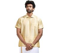 VM Men's Blue Silk Blend Ethnic Shirt - Traditional Men’s Silk Shirt for Festive Occasions, Onam | Ethnic South Indian Silk Shirt Half Sleeves | Perfect for Weddings and Celebrations, Gold, 38