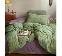 VM VOUGEMARKET Green Duvet Cover Set Full,Lily Flower Jacquard Duvet Cover with 2 Pillowcases 3Pcs Yarn-Dyed Linen Cotton Green Purple Bedding Set for Teens Girls Without Comforter-80 x90