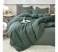 VM VOUGEMARKET Linen Cotton Duvet Cover Queen,3 Pcs Yarn-Dyed Textured Duvet Cover Set Green Flower Geometric Bedding Set,Ultra Soft and Breathable Comforter Cover Set
