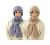 Vmhkjo Integrated Ear Protection Windproof Cap Scarf, Knitting Thickening Hat Winter, Winter Fashion Warm Knitted Hat, 2 in 1 cap scarf women,grey + khaki, One size