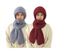 Vmhkjo Integrated Ear Protection Windproof Cap Scarf, Knitting Thickening Hat Winter, Winter Fashion Warm Knitted Hat, 2 in 1 cap scarf women,grey and red, One Size