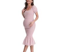 Aonesx Maternity Summer Midi Bodycon Dresses, Short Puff Sleeve Square Neck Ruffle Hem Mermaid Baby Shower Dress, Pink, M