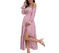 VmSlyii Boho Off Shoulder Maternity Dresses, Long Sleeve Side Split Flowy A Line Tiered Maxi Dress for Baby Shower Photoshoot, Light Pink, M