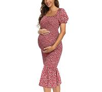 VmSlyii Maternity Summer Floral Midi Bodycon Dresses, Short Puff Sleeve Square Neck Ruffle Hem Mermaid Baby Shower Dress, Red, L