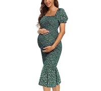 VmSlyii Maternity Summer Floral Midi Bodycon Dresses, Short Puff Sleeve Square Neck Ruffle Hem Mermaid Baby Shower Dress, Dark Green, L