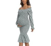 VmSlyii Maternity Summer Floral Midi Bodycon Dresses, Short Puff Sleeve Square Neck Ruffle Hem Mermaid Baby Shower Dress, Grey, S