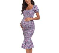 VmSlyii Maternity Summer Floral Midi Bodycon Dresses, Short Puff Sleeve Square Neck Ruffle Hem Mermaid Baby Shower Dress, Navy, S