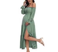 VmSlyii Summer Boho Off Shoulder Maternity Dresses, Long Sleeve Side Split Flowy A Line Tiered Maxi Dress for Baby Shower Photoshoot, Mint Green, S