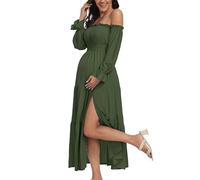 VmSlyii Summer Boho Off Shoulder Maternity Dresses, Long Sleeve Side Split Flowy A Line Tiered Maxi Dress for Baby Shower Photoshoot, Olive, L