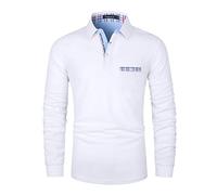 VMSUCIJ Men's Polo Long Sleeve Plaid Denim Stitched Cotton Golf T-Shirt with Real Pocket M-3XL,White,L