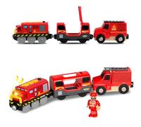 Vmxlso Children's Electric Fire Engine Fire Engine Magnetic Connection Wooden Train Electric Locomotive Electric Railway Children with Light and Sound, Compatible with Thomas, Brio, Chuggington