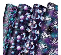 Vnaaem 12 Pcs Birthday Wrapping Paper Galaxy Space Gift Wrap Paper with Neon Stars Patterns for Kids Men Women Birthday Baby Shower Party,19.6 X27.8Inch